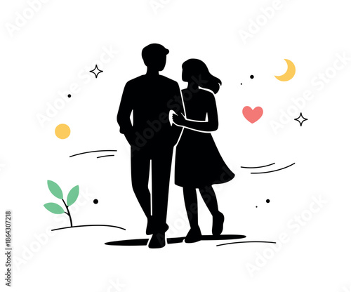 Romantic Silhouette Stroll. Romantic couple silhouettes scene. Abstract silhouettes walking side by side, relaxed posture and peaceful companionship, soft
