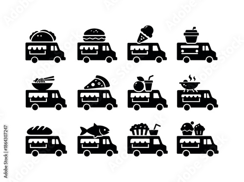 Iconic Food Trucks. Food trucks. Solid icon set of food trucks: taco truck, burger truck, ice cream truck, coffee truck, noodle truck, pizza truck, juice van,