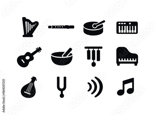 Soft Instrumental Icons. Soft instrumental sounds. Solid icon set of soft instrumental sounds: harp symbol, flute silhouette, soft drum, ambient synth, calming