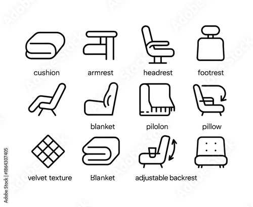 Seating Comfort Icons. Seating comfort features. Line icon set o