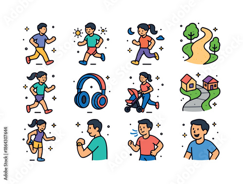 Isometric Jog Icons. Jogging. Colorful isometric vector icons se