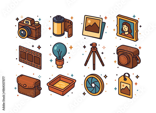 Vintage Photography Icons. vintage photography. Colorful isometr