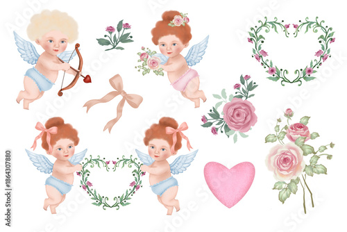 Canvas Print Romantic vintage illustration set with cute cherub angels, floral heart frames, roses, bows and a pink heart