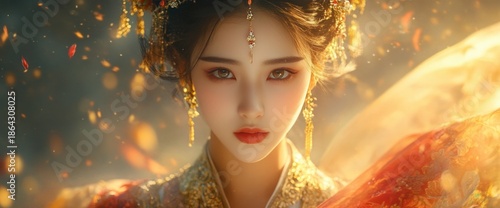 Enchanting Asian Beauty with Golden Embellishments and Ethereal Glow.
