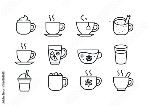 Holiday Beverage Icons. Holiday baking beverages. Line icon set