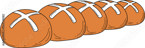 A delightful row of five traditional hot cross buns with white crosses perfect for Easter celebrations and springtime menus