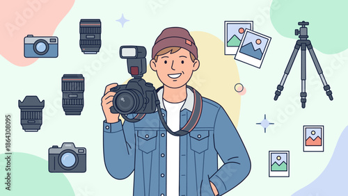Professional photographer character holding DSLR camera with flash. Creative photography hobby and career concept. Flat vector illustration. Equipment icons lenses tripod. Freelancer cameraman.