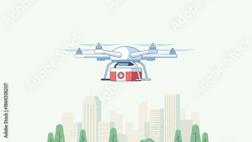 Medical drone delivery with first aid kit box. Emergency healthcare logistics. Unmanned aerial vehicle UAV flying over city. Future technology transport. Flat vector illustration.