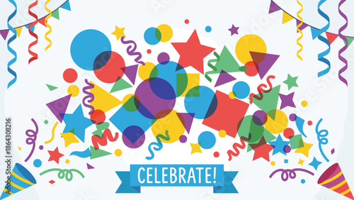 Abstract colorful confetti background. Celebration party theme geometric shapes stars. Vector illustration birthday carnival festive event. Bright falling paper streamers decoration.