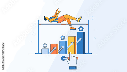 Business improvement concept. High jump athlete raising the bar. Performance growth chart. Corporate success goal. Overcoming challenge. Hand adjusting level. Strategy gears. Vector.