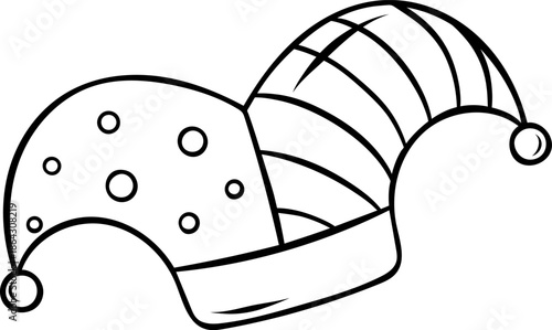 Simple black and white doodle of a striped, polka-dotted jester's hat. Sketch style icon for Mardi Gras, carnival, or fool's day concept