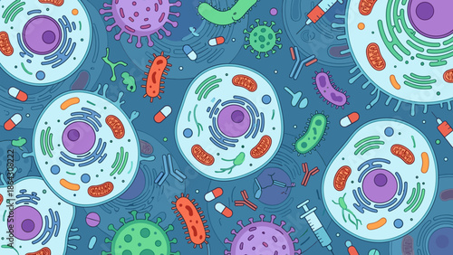 Stylized microscopic view of biological cells. Medical healthcare background. Flat vector illustration. Science research pattern. Microbiology virus germ. DNA structure. Immune system.