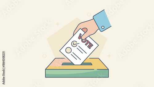 Hand dropping ballot paper into box. Vote and democratic choice concept. Flat vector illustration. Politics election day. Referendum poll. Civic duty suffrage. Political campaign.