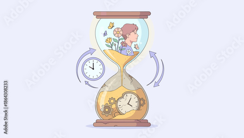 Reversing time concept hourglass. Sand flowing upwards. Anti-aging and rejuvenation. Young man flowers vs broken gears. Turning back the clock. Youth versus old age. Restoration.