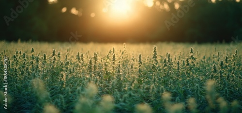 Golden hour over a lush green field of wheat.