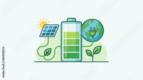 Solar power battery charging. Green energy storage concept. Renewable electricity with photovoltaic panel and earth globe. Sustainable environment. Eco friendly vector illustration