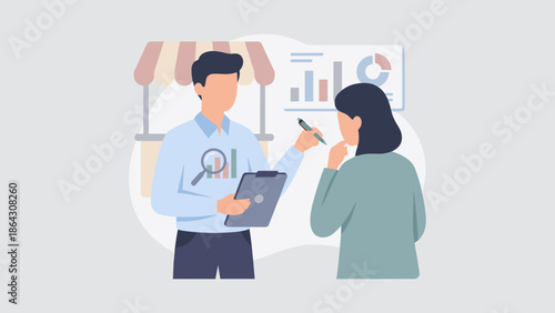 Market research survey. Man with clipboard interviewing woman. Data analysis. Feedback questionnaire. Business strategy. Consumer opinion. Flat vector illustration. Customer poll.