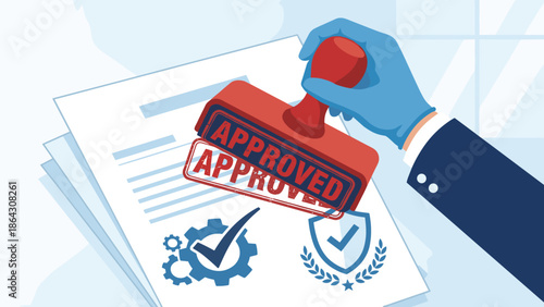 Hand holding red rubber stamp with Approved text. Quality control and business approval concept. Certified validation guarantee. Permission agreement flat vector illustration design.