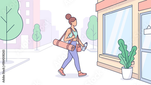 Active woman walking to yoga class carrying rolled mat water bottle. Flat vector illustration fitness lifestyle. Girl in sportswear going to gym workout. Wellness pilates concept.