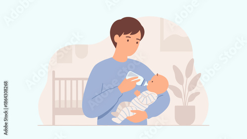 Father feeding baby with bottle. Parenting childcare concept. Dad holding newborn child. Happy family care. Male character giving milk to infant. Flat vector illustration. Paternity love.