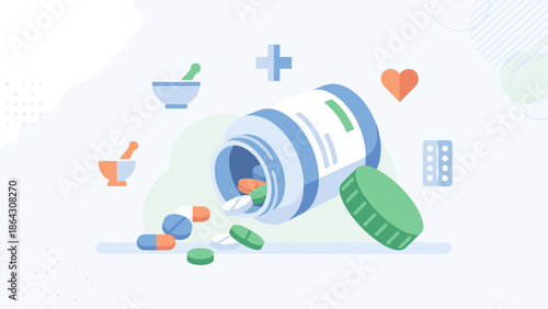Open medical pill bottle spilled capsules. Pharmacy healthcare concept flat vector illustration. Prescription drug container. Medicine treatment symbol. Vitamins supplements wellness.