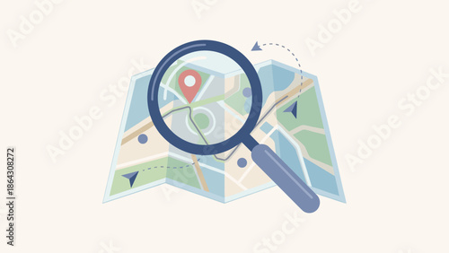 Magnifying glass on folded map with red pin. Location search concept. Navigation route finding metaphor. GPS tracking. Flat vector illustration. Discovery and travel exploration.