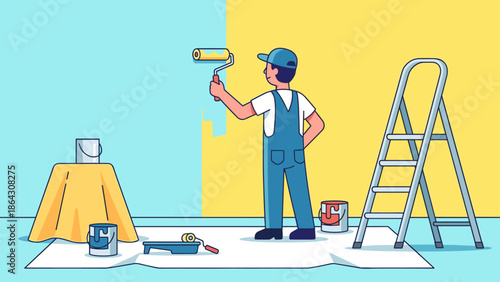 Professional painter rolling paint on wall. Home renovation service. DIY concept. Man in overalls using roller. Interior design. House decorating. Ladder and bucket. Flat vector