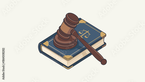 Wooden judge gavel on law book. Legal system concept. Courtroom symbol of authority. Flat vector illustration. Justice decision. Verdict hammer. Jurisprudence. Punishment. Legislation. Trial.