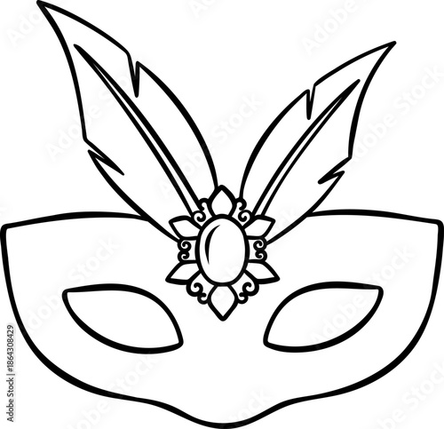 Simple black and white doodle of a masquerade mask with feathers. Sketch style icon for Mardi Gras, carnival, mystery, or elegant ball theme