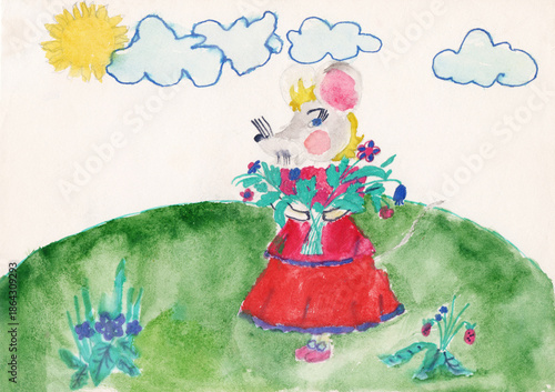 Child drawing of mouse in red dress standing at edge of forest with bouquet