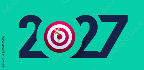 New Year realistic target and goal with symbol of 2027 from red archery target, arrows archer and number. Vector resolution, target for new year 2027 concept. Illustration on green background.