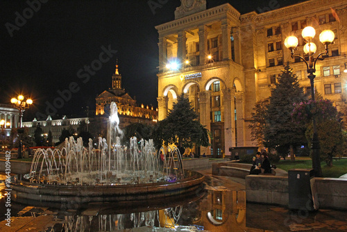 architecture of Kyiv at night. Capital of Ukraine. Maidan Nezalezhnosti at night