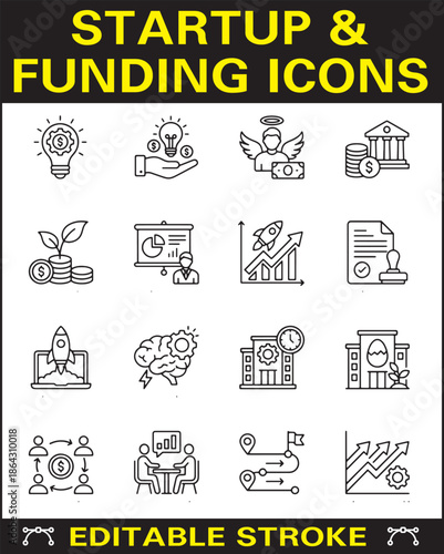 Startup and Funding Icons Set – Editable Stroke Vector for Innovation, Investment, Growth, and Business Strategy