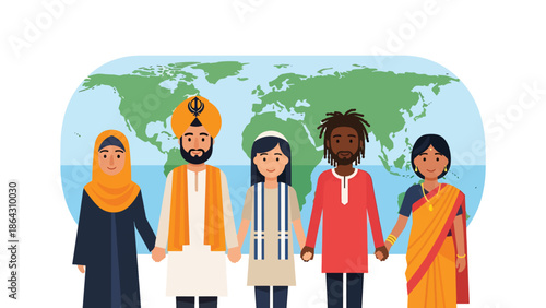 Flat vector illustration of diverse people representing different religions and cultures standing together in front of a world map, symbolizing unity, tolerance, and global harmony