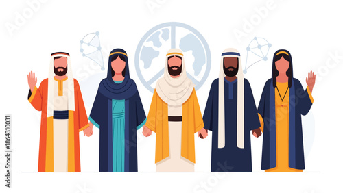Flat vector illustration of diverse people representing different religions and cultures standing together in front of a world map, symbolizing unity, tolerance, and global harmony