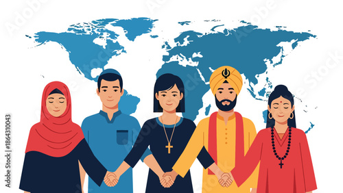 Flat vector illustration of diverse people representing different religions and cultures standing together in front of a world map, symbolizing unity, tolerance, and global harmony