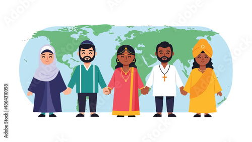 Flat vector illustration of diverse people representing different religions and cultures standing together in front of a world map, symbolizing unity, tolerance, and global harmony