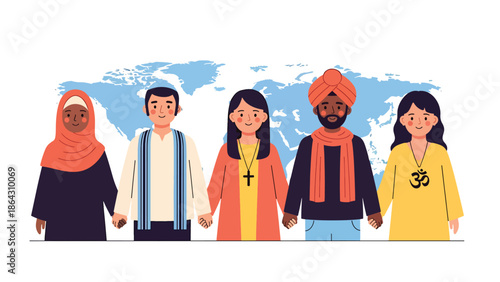 Flat vector illustration of diverse people representing different religions and cultures standing together in front of a world map, symbolizing unity, tolerance, and global harmony