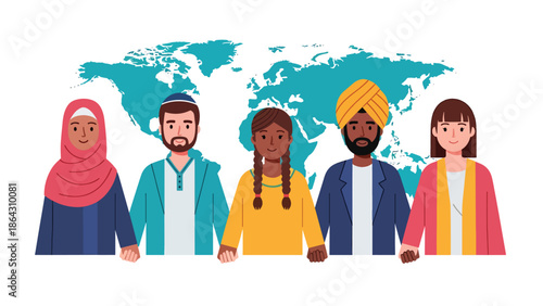 Flat vector illustration of diverse people representing different religions and cultures standing together in front of a world map, symbolizing unity, tolerance, and global harmony