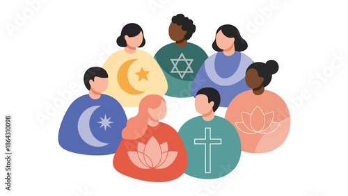 Flat vector illustration of a diverse group of people representing different religions, cultures, and backgrounds standing together, symbolizing inclusion, tolerance, and peaceful coexistence
