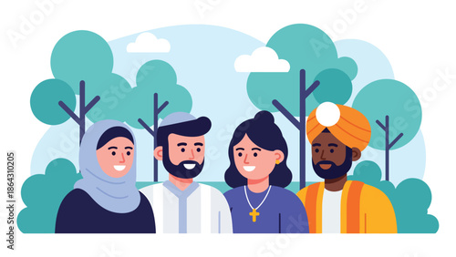 Flat vector illustration of people from different religious backgrounds standing together in a peaceful park, symbolizing unity, tolerance, and harmony for global peace and inclusion campaigns