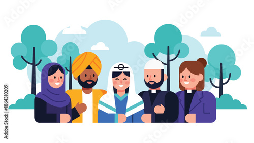 Flat vector illustration of people from different religious backgrounds standing together in a peaceful park, symbolizing unity, tolerance, and harmony for global peace and inclusion campaigns