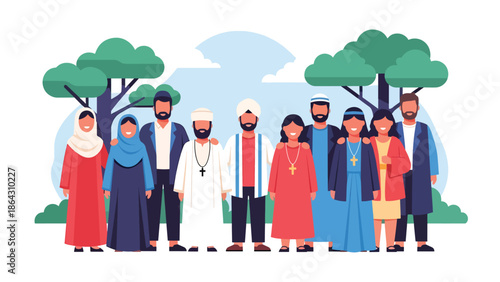 Flat vector illustration of people from different religious backgrounds standing together in a peaceful park, symbolizing unity, tolerance, and harmony for global peace and inclusion campaigns