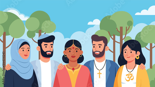 Flat vector illustration of people from different religious backgrounds standing together in a peaceful park, symbolizing unity, tolerance, and harmony for global peace and inclusion campaigns