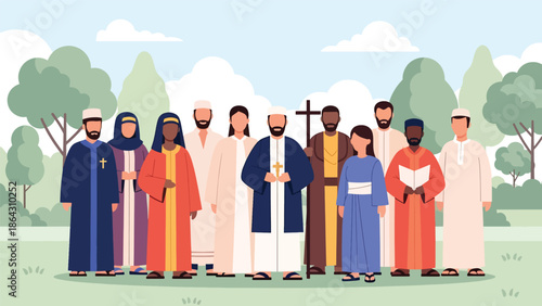 Flat vector illustration of people from different religious backgrounds standing together in a peaceful park, symbolizing unity, tolerance, and harmony for global peace and inclusion campaigns