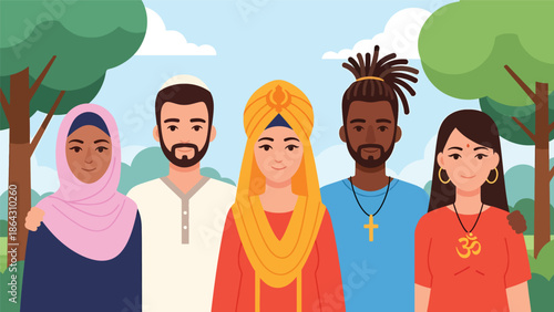 Flat vector illustration of people from different religious backgrounds standing together in a peaceful park, symbolizing unity, tolerance, and harmony for global peace and inclusion campaigns