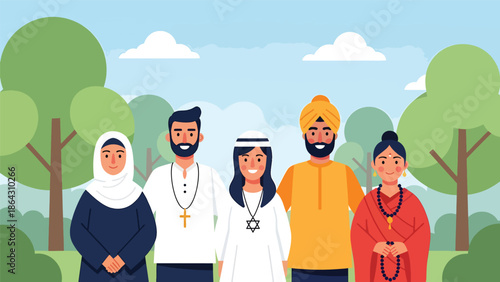 Flat vector illustration of people from different religious backgrounds standing together in a peaceful park, symbolizing unity, tolerance, and harmony for global peace and inclusion campaigns