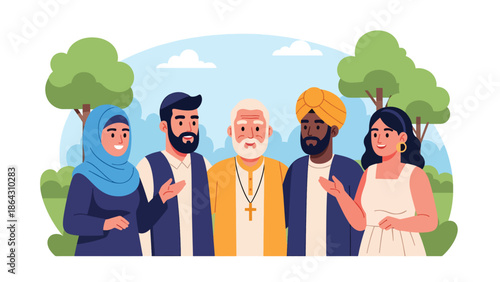 Flat vector illustration of people from different religious backgrounds standing together in a peaceful park, symbolizing unity, tolerance, and harmony for global peace and inclusion campaigns