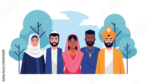 Flat vector illustration of people from different religious backgrounds standing together in a peaceful park, symbolizing unity, tolerance, and harmony for global peace and inclusion campaigns