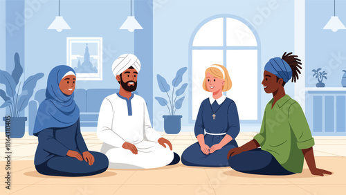 Flat vector illustration of diverse people seated in circle discussing peacefully in community space, representing dialogue, tolerance, and interfaith understanding in inclusive society